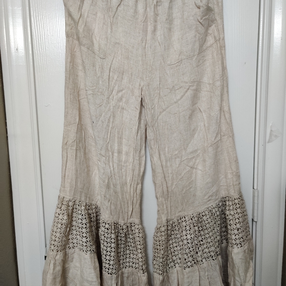 Umgee Cream Wide Leg Pants with Lace Detail - Picture 4 of 4